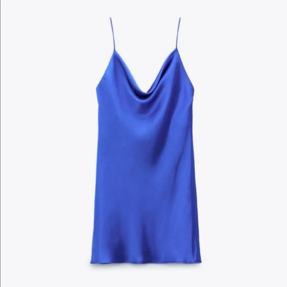 Zara Satin Effect Blue Cowl Neck Mini Dress